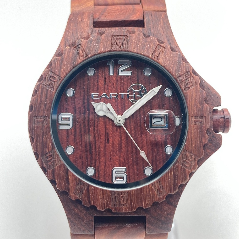 Earth Raywood Men's Wooden Watch 41mm Date Red Cherry Mahogany New Battery 8.25"